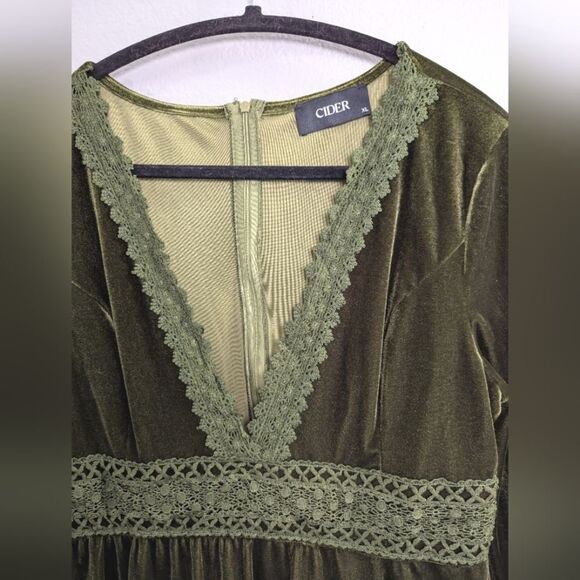 Cider Green Velvet & crochet trim V-neck lantern babydoll top tunic dress XL - Picture 3 of 7